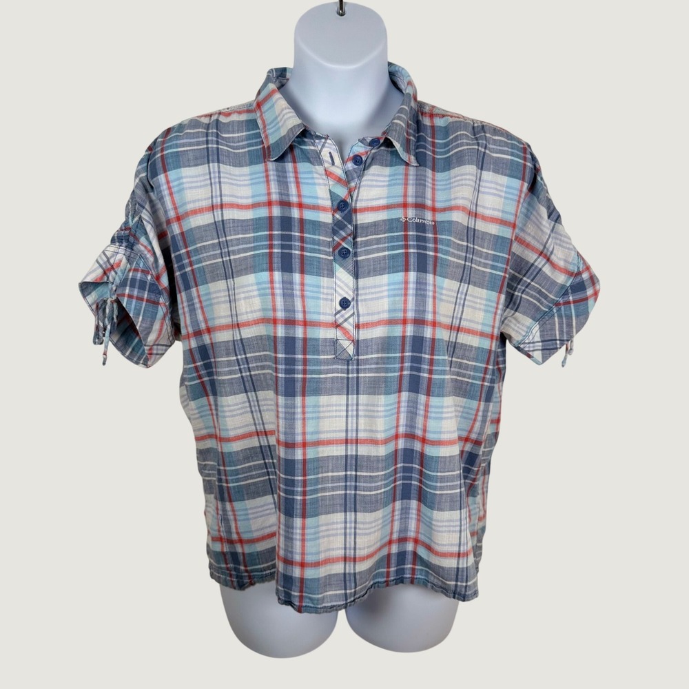 Columbia Womens XL Blue Plaid Short Sleeve Shirt Cotton Camp Henry III Relaxed